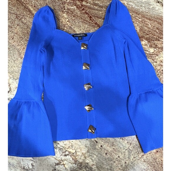 Boston Proper Sweater. Boho, Cottagecore Knit Royal Blue Small Sweetheart Neck - Picture 14 of 14